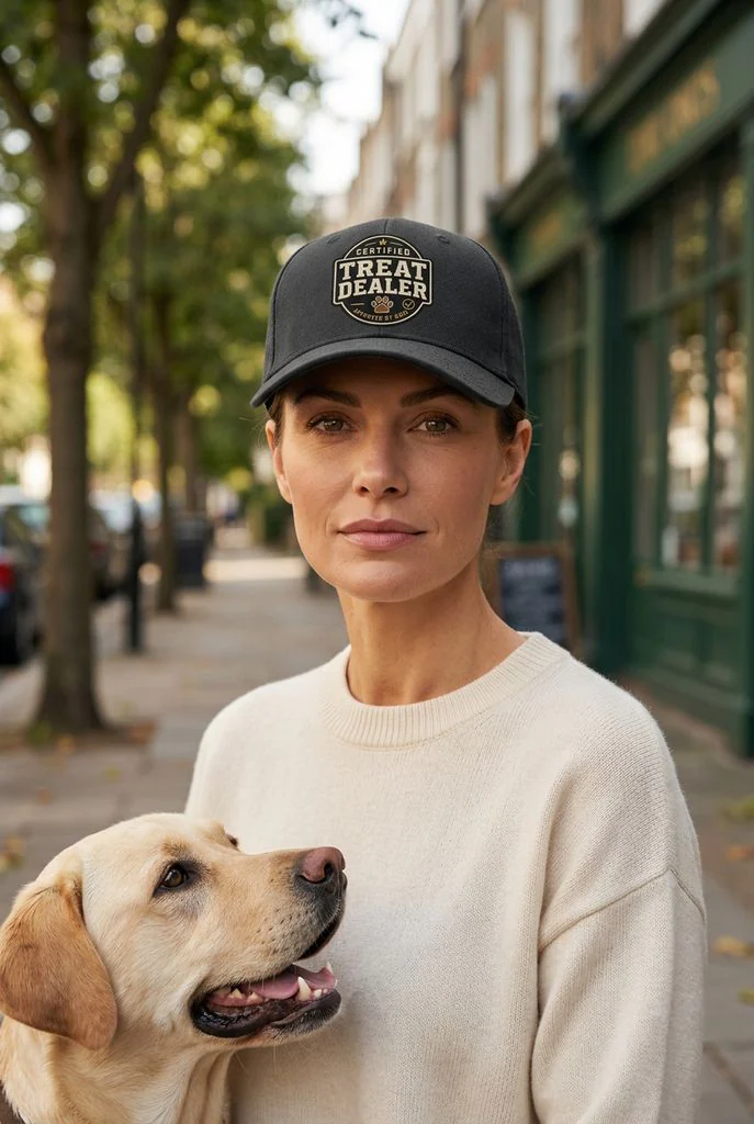 Dog owner wearing a Certified Treat Dealer cap beside a dog