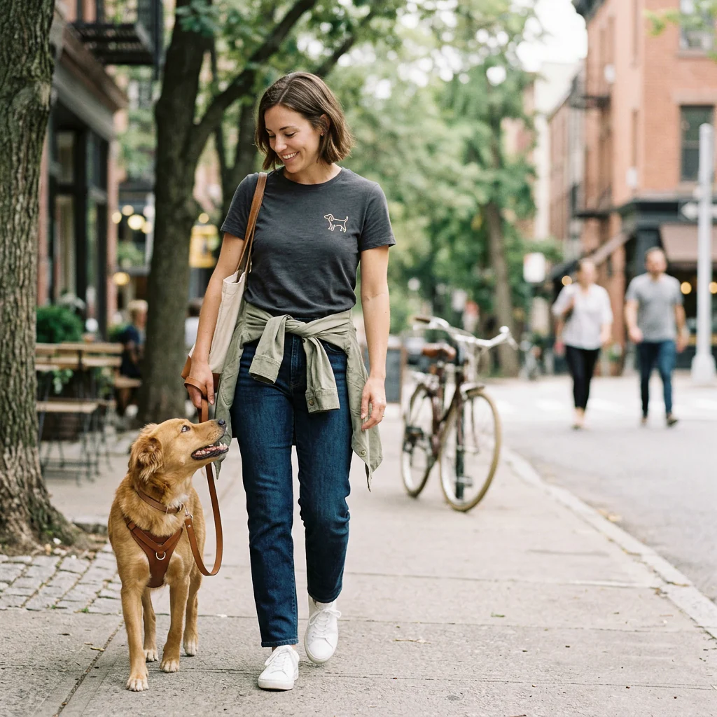 Woman wearing a premium dog tee while walking with her dog in the city