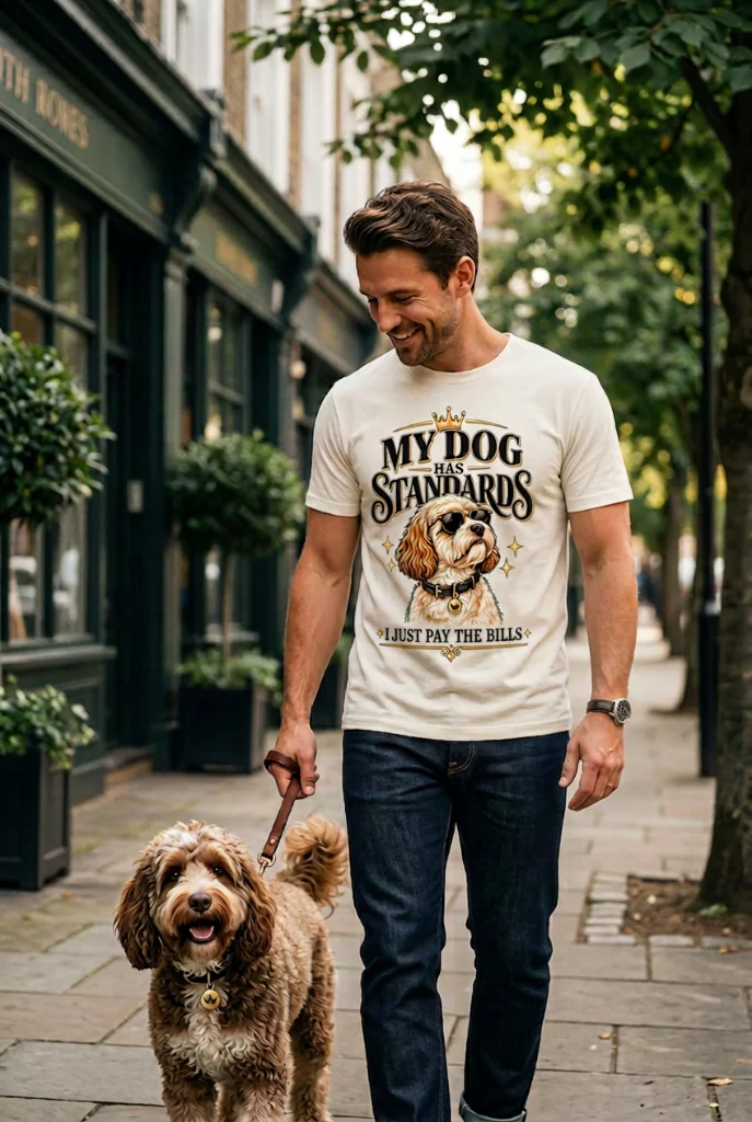 Dog owner wearing a premium tee while standing with a happy dog