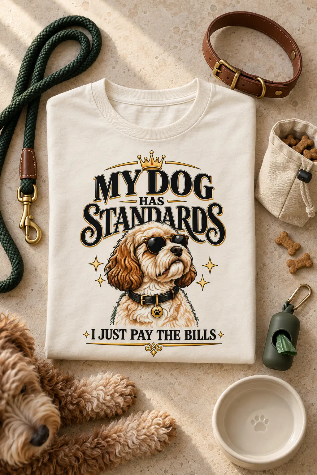 Folded premium tee with dog walking essentials and a dog nearby