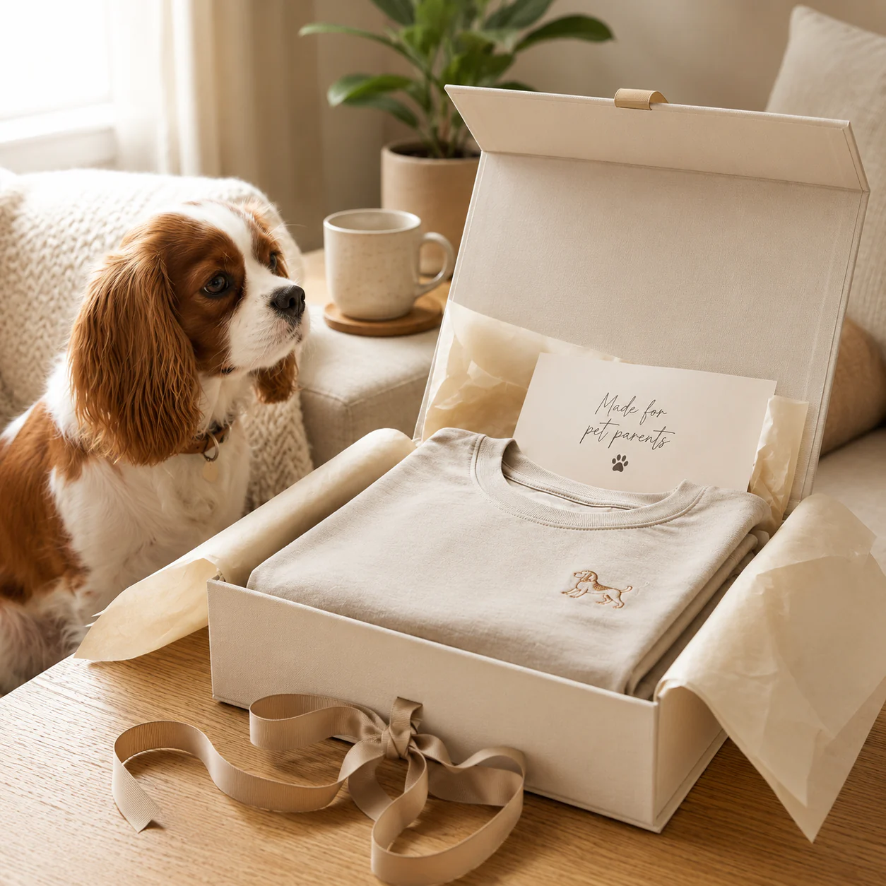Man in a premium neutral tee holding a gift box with a dog nearby