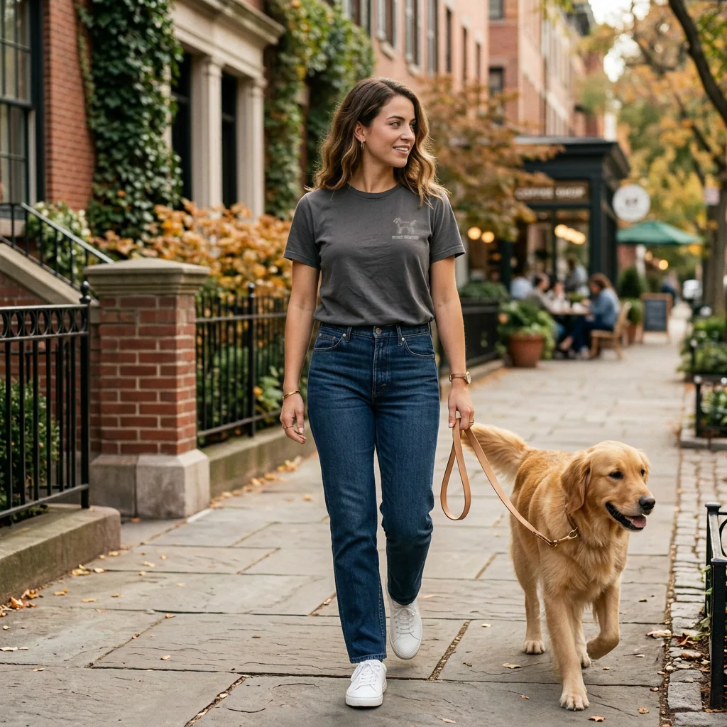 Woman wearing a premium tee while walking a golden retriever through the city