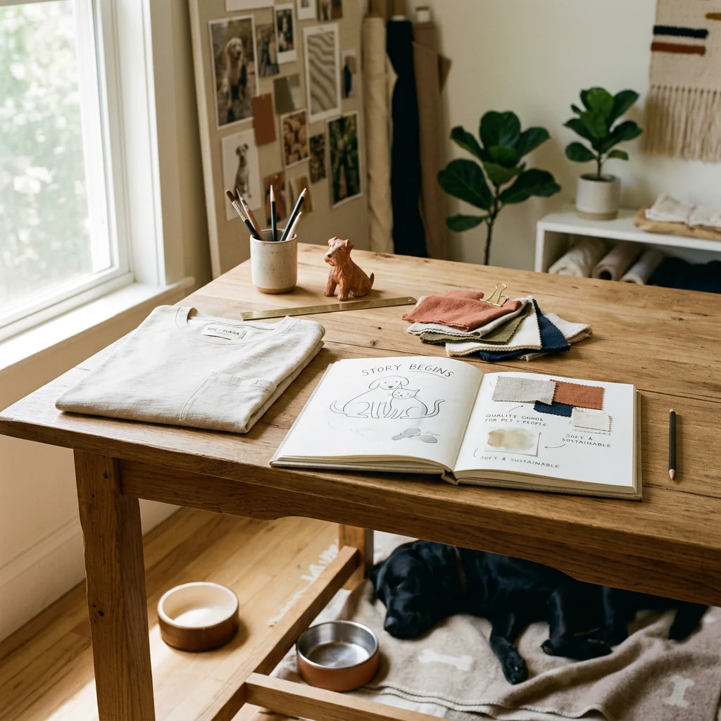 Umbrellla design table with a folded tee, sketches, fabric swatches, and a dog resting nearby