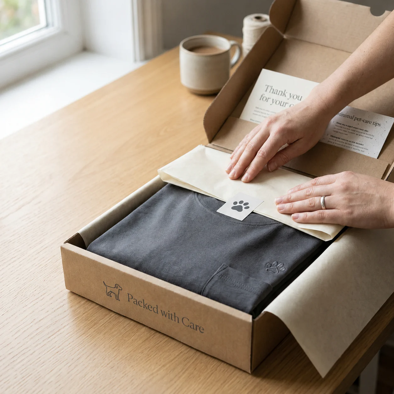 Premium tee being packed in a gift box with tissue paper and a thank you card