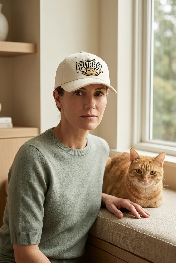 Cat owner wearing a Paid in Purrs cap beside an orange cat